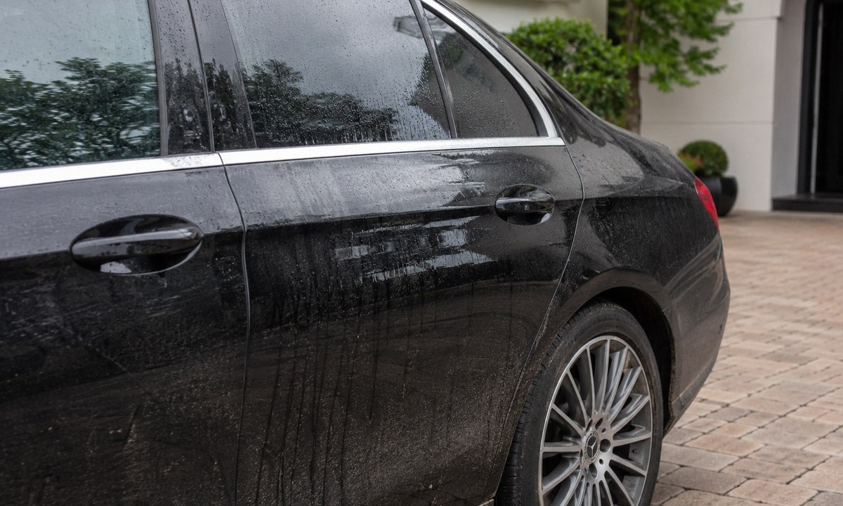 Water-spotted, hazy black Mercedes E-Class paint before ceramic coating
