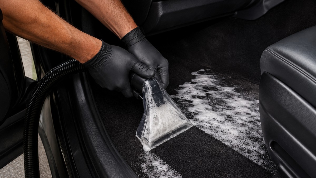 Steam and shampoo extraction of a vehicle's carpet and floor mats